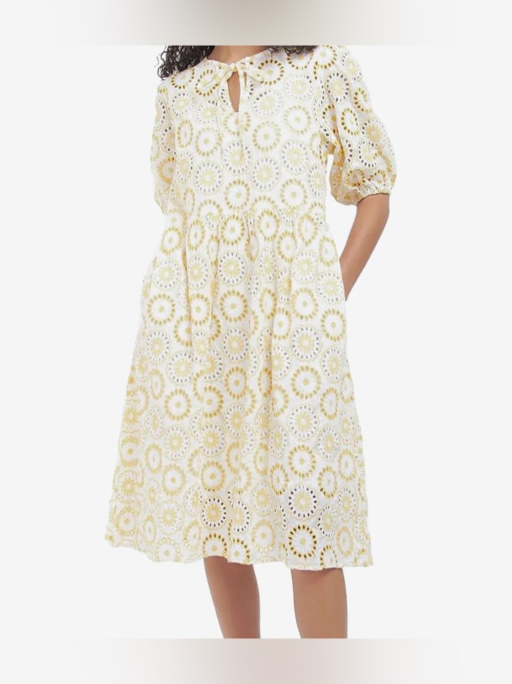 Barbour White Yellow Eyelet Embroidered Midi Dress Floral Cottagecore Boho US 8 - Picture 3 of 13